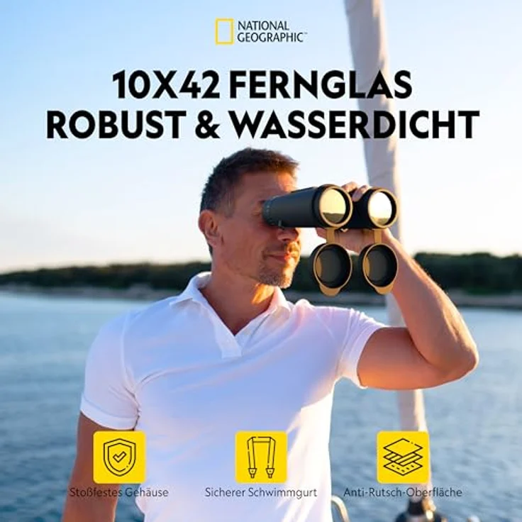 National Geographic Fernglas 10x42 Dachkant, Schwarz, mit 10-facher Vergrößerung und hochwertigen Glaselementen, stabiler Trageriemen und Tasche – Bild 3