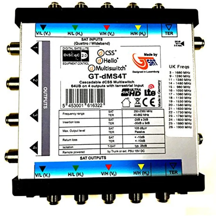 GT-SAT Unicable-Multiswitch GT-dMS4T 4x16UB für bis zu 64 Teilnehmer - 4K/UHD