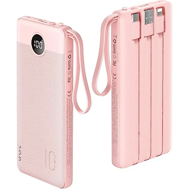 VRURC 10000mAh Power Bank mit 4 Kabeln, tragbares Ladegerät mit 5 Ausgängen, USB C und LED Display, kompatibel mit iPhone, Huawei, Samsung und Android Smartphones