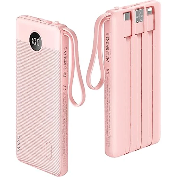 VRURC 10000mAh Power Bank mit 4 Kabeln, tragbares Ladegerät mit 5 Ausgängen, USB C und LED Display, kompatibel mit iPhone, Huawei, Samsung und Android Smartphones – Bild 1