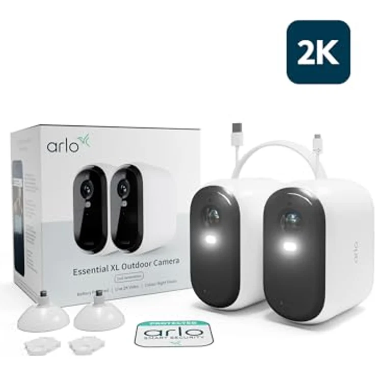 Arlo Essential 2 XL Überwachungskamera Aussen WLAN, Bis Zu 2 Jahre Schutz, Kabellos, 2K HD Video, Farbnachtsicht, Licht, Bewegungsmelder, Sirene, 2-Wege Audio + Arlo Secure Plan Testzeitraum, Weiß – Bild 1