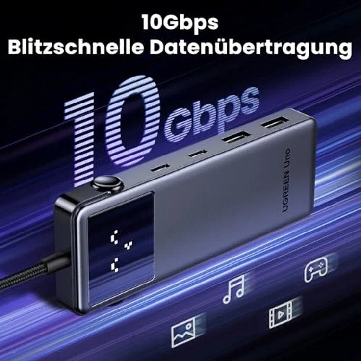 UGREEN UNO USB C Hub 10Gbps 4K@60Hz HDMI Intelligentes LED-Display USB C Adapter 2*USB A & 2*USB C Multiport Adapter PD 100W, Kompatibel mit iPhone 16, iPad Pro/Air, MacBook Pro/Air, Steam Deck - Stylisher Robot-Hub, Schwarz – Bild 3