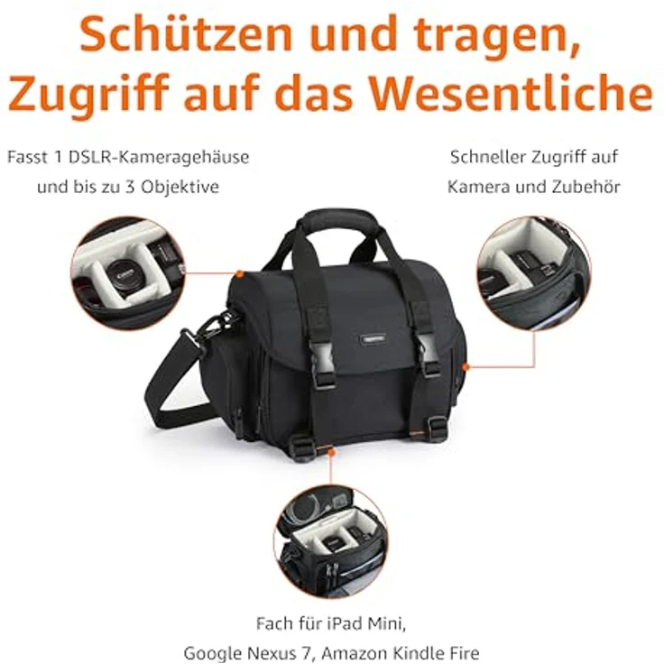 AmazonBasics - Große L Umhängetasche für Kamera und Zubehör, Schwarz mit grauem Innenfutter – Bild 2