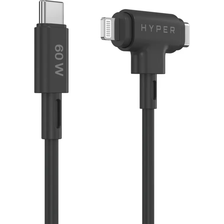 Targus HyperJuice USB-C und Lightning Hybrid-Silikonkabel, 2-in-1 mit 60 W Ladeleistung, 1,5 m lang, schwarzes Silikon