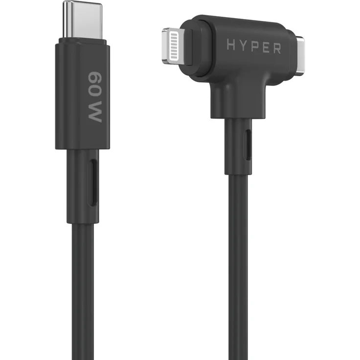 Targus HyperJuice USB-C und Lightning Hybrid-Silikonkabel, 2-in-1 mit 60 W Ladeleistung, 1,5 m lang, schwarzes Silikon