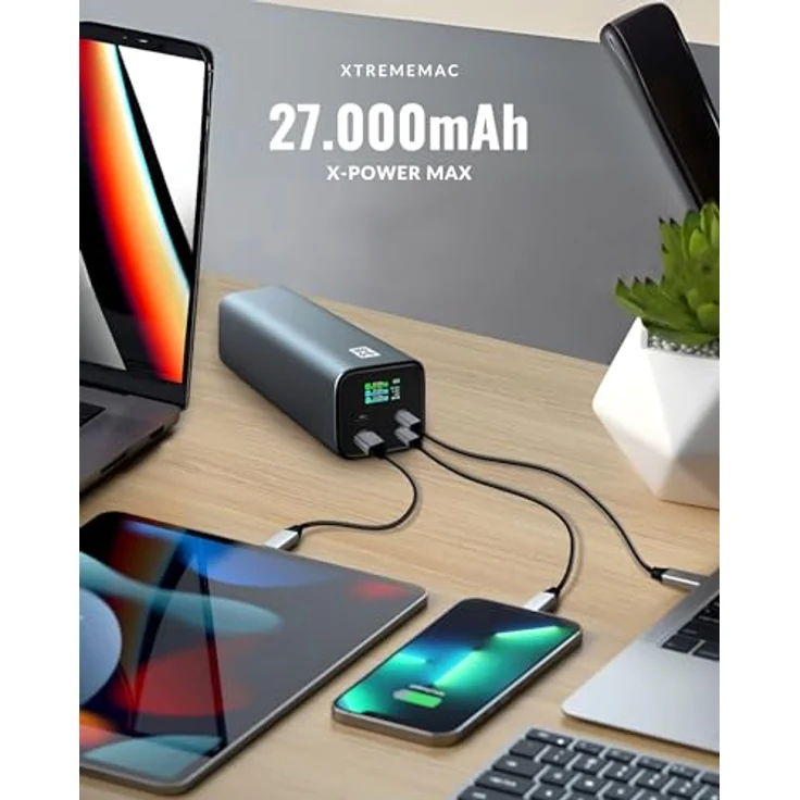 XtremeMac X-Power Max Powerbank 140W, 27.000mAh - USB-C PD 3.1 Schnellladefunktion, Ideal für MacBook Pro, iPad, Laptop & Smartphone, mit Display und 3 Ausgängen - Schwarz – Bild 2