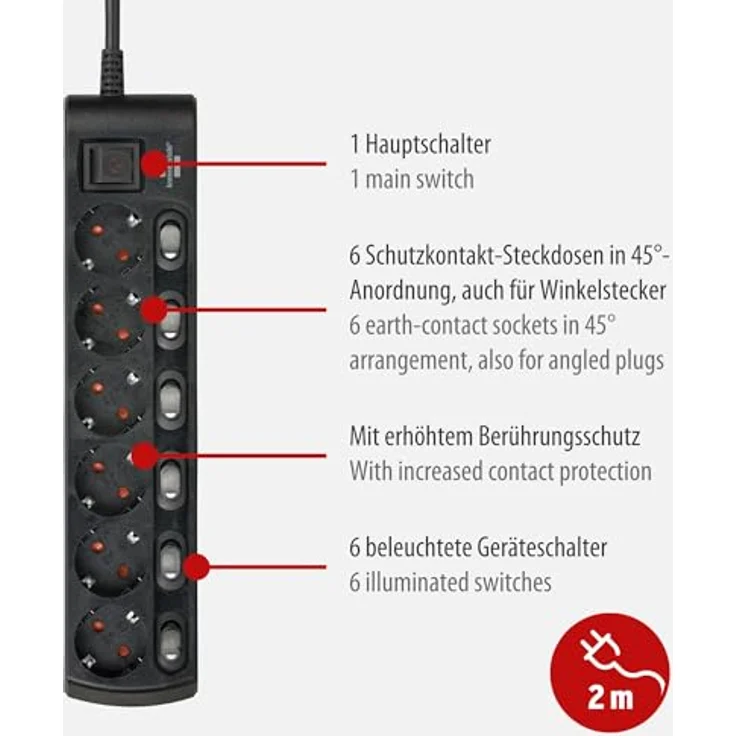 Brennenstuhl Steckdosenleiste einzeln schaltbar 6-fach mit 2-poligen Schaltern (Steckerleiste mit 1x Hauptschalter und 6x Geräteschalter, Mehrfachsteckdose 2m Kabel, erhöhter Berührungsschutz) schwarz – Bild 2
