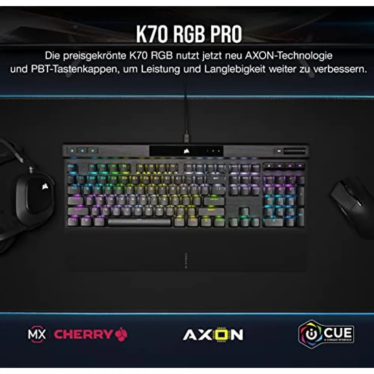 Corsair K70 RGB PRO Mechanische Kabelgebundene Gaming-Tastatur (CHERRY MX RGB Speed, 8.000Hz Hyper-Polling, PBT DOUBLE-SHOT PRO-Tastenkappen, Soft-Touch-Handballenauflage) QWERTZ, DE - Schwarz – Bild 2