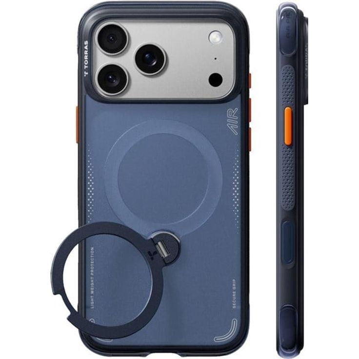 Torras Ostand Q3 Air, Schutzhülle mit drehbarem Standfuß und rutschfester Oberfläche, dunkelblau, für iPhone 18 Pro