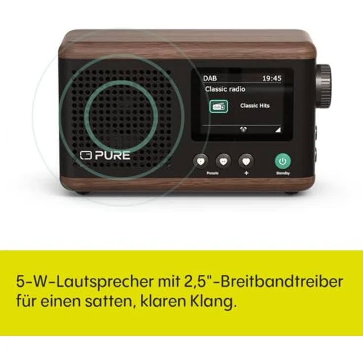 Pure Classic Mini Tragbares Digitalradio – DAB+ & UKW-Radio – Bluetooth 5.3 – 15 Stunden Akkulaufzeit – 2 Equalizer-Optionen – 2,4 Zoll Farbdisplay – Trageband – Kaffee-Schwarz/Walnuss – Bild 4