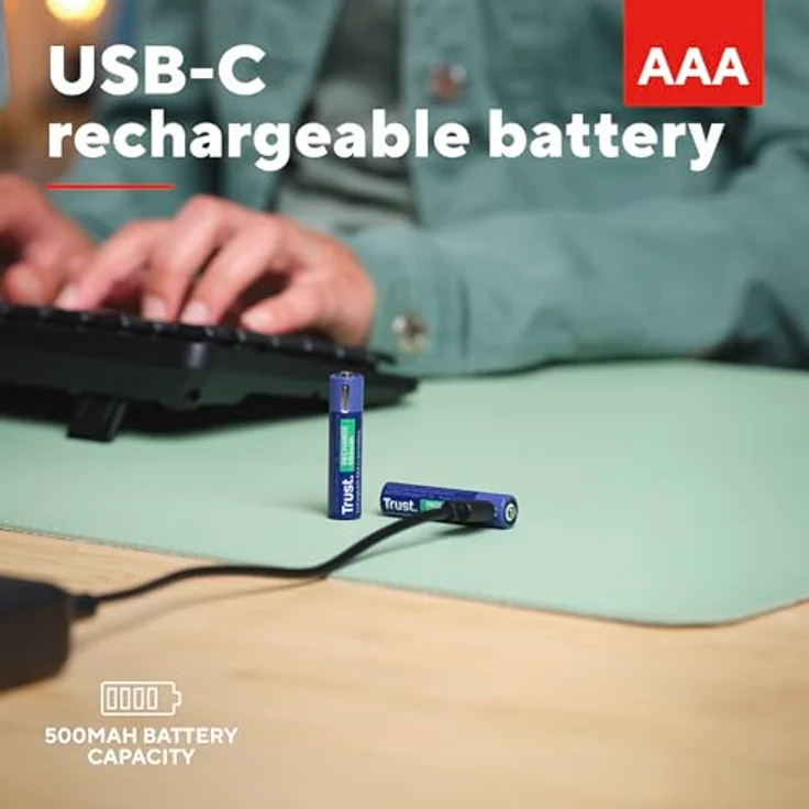 Trust USB-C Wiederaufladbare Batterien AAA 2 Stück, Akku mit 500 mAh Kapazität und schneller Ladefunktion – Bild 2