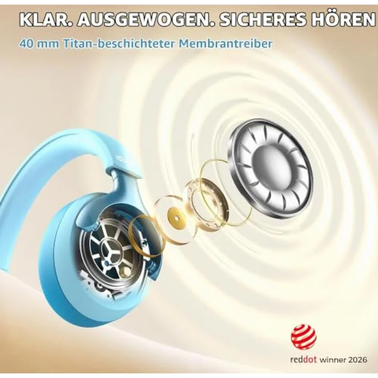 iClever Q950 Noise Cancelling Kopfhörer Kinder, TÜV Rheinland zertifizierter Gehörschutz, SafeSound Tech 3.1, autismusfreundlich, 60h Akkulaufzeit, Aufbewahrungsbox – Bild 4