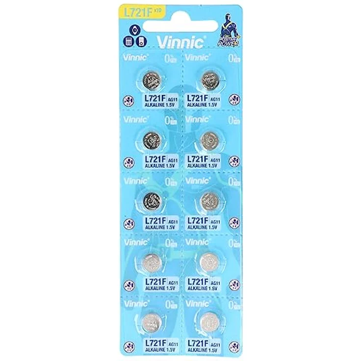 Vinnic Alkalibatterie G11/AG11/L721/LR58, 10 Stück Knopfzellen mit 1,5 V, sehr geringe Selbstentladung, ideal für Taschenrechner und Spielzeuge – Bild 1