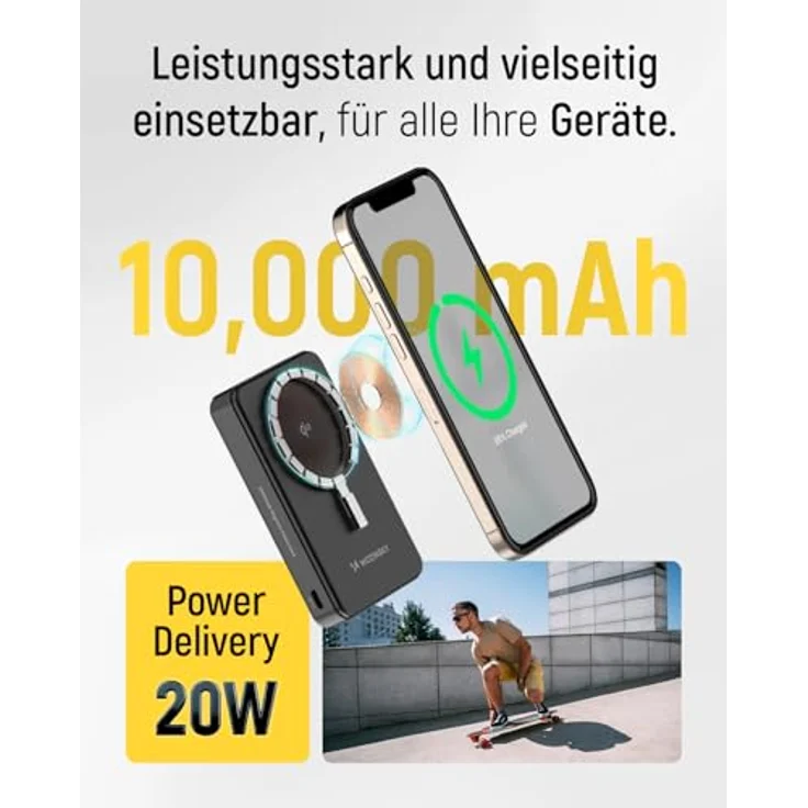 Wozinsky WLWP-10KA0Y3S Powerbank, 10000 mAh, 22,5W PD, Qi2, mit Ständer, Schwarz, 1x USB-A, 1x USB-C – Bild 2