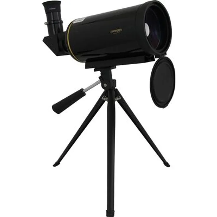 Omegon Maksutov Teleskop MightyMak 80, kompaktes Teleskop in Hochglanz schwarz mit Goldstreifen, inkl. Tischstativ und Okular