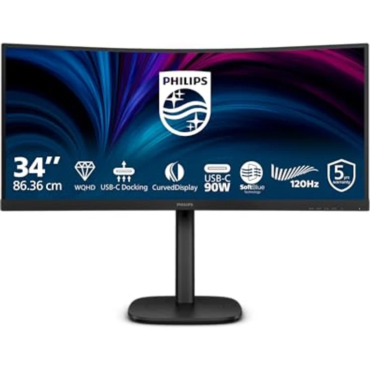 Philips 34B2U3600C - 34 Zoll WQHD Curved Monitor, höhenverstellbar, Lautsprecher (3440x1440, 120 Hz, 1x HDMI 2.0, 1x DP 1.2, 1x USB-C (90W PD), USB Hub, RJ45) schwarz – Bild 2