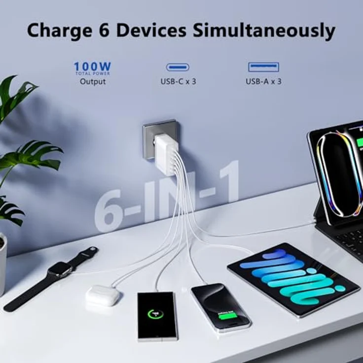 sccvee USB C Ladegerät 100W GaN 6-Port Schnellladegerät mit PD/QC-Technologie, kompatibel mit iPhone 11-16 Pro Max, Galaxy S21-S24 und Google Tablets – Bild 3