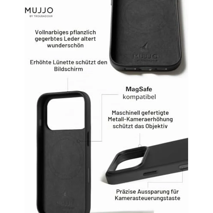 Mujjo Leather Case für iPhone 17 Pro - Hochwertiges Velore-Leder, MagSafe-kompatibel, schwarz – Bild 3