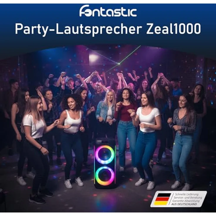 Fontastic Party Lautsprecher Zeal 1000, Bluetooth Lautsprecher mit USB-Wiedergabe, AUX, MicroSD und LED Effekten, Karaoke Box mit 2 Mikrofonen, Schwarz – Bild 2