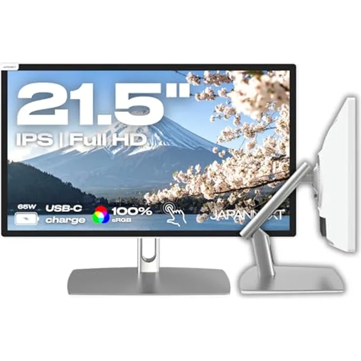 JapanNext JN-IPS2152FHDR-C65W-FLD-T, 21.5" Touchscreen Monitor in Weiß, IPS Full HD (1920x1080), HDR, USB-C Aufladung (65W), Höhen- und Neigungsverstellbar, G-Sync/FreeSync
