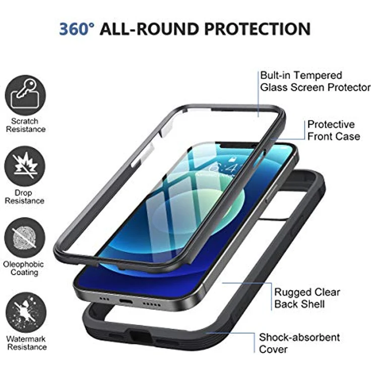 Miracase 360 Grad Hülle für iPhone 12/12 Pro (6.1 Zoll), Ganzkörper Schutzhülle mit integrierter Glas Displayschutzfolie, stoßfest, schwarz – Bild 2