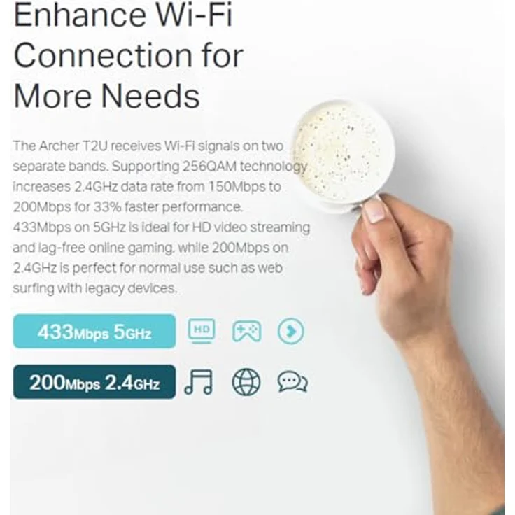 TP-Link Archer T2U AC600 USB WLAN Stick Adapter, Dualband 433MBit/s 5GHz & 200MBit/s 2,4GHz, WPA/WPA2, Unterstützung für Windows & Mac, schwarz/Gold – Bild 3