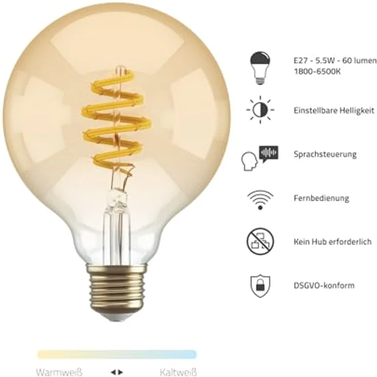 Hombli Smarte Glühbirne | E27 Dimmbares Warmweißes Licht, 1800-2700K CCT | 5.5W Filament, G95 300 Lumen | Sprachsteuerung mit App-Funktion, Kompatibel mit Google, Alexa & Siri – Bild 2