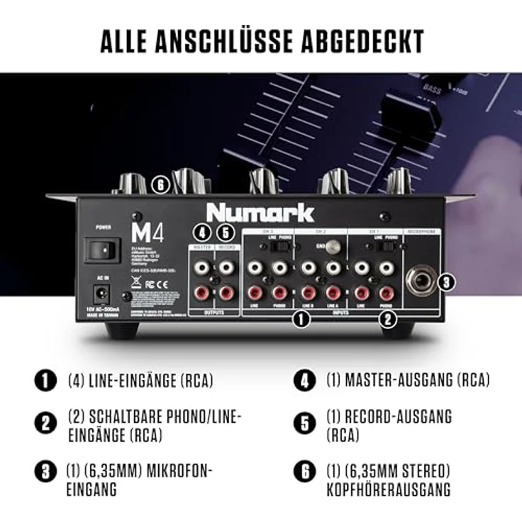 Numark M4 - 3-Kanal DJ-Scratch-Mixer, rack-einbaufähig, mit 3-Band-Equalizer, für die Disco ausgelegten Eingängen, Mikrofon-Eingang, austauschbarem Crossfader und Reverse--Slope-Reglern – Bild 3