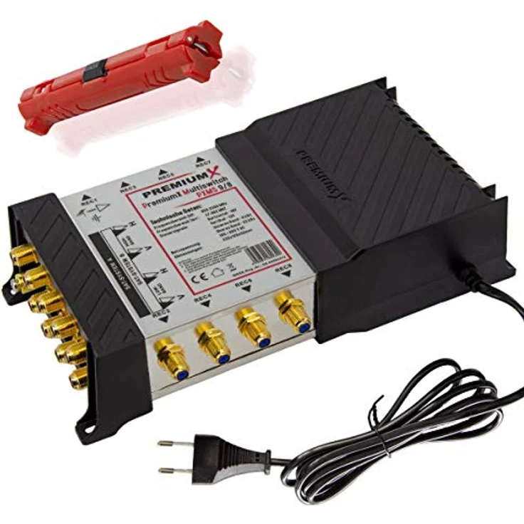 Premium X Multischalter Set PXMS 9-8, 8-fach Signalverteiler für 2 Satelliten mit Abisolier-Werkzeug und Netzteil – Bild 1