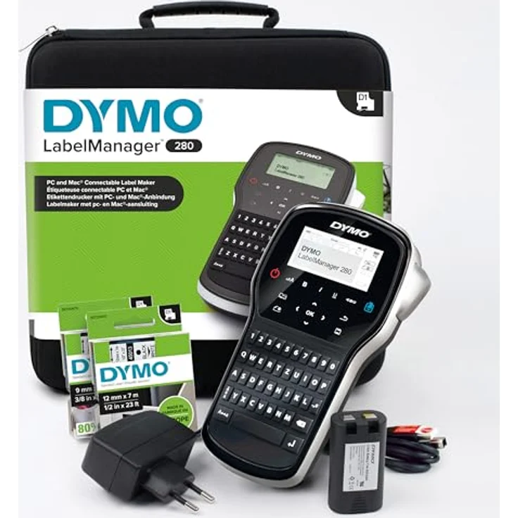 DYMO LabelManager 280 Wiederaufladbares Handheld-Etikettendrucker-Set, QWERTY-Tastatur, mit 2 Rollen D1-Etiketten und Tragetasche – Bild 2