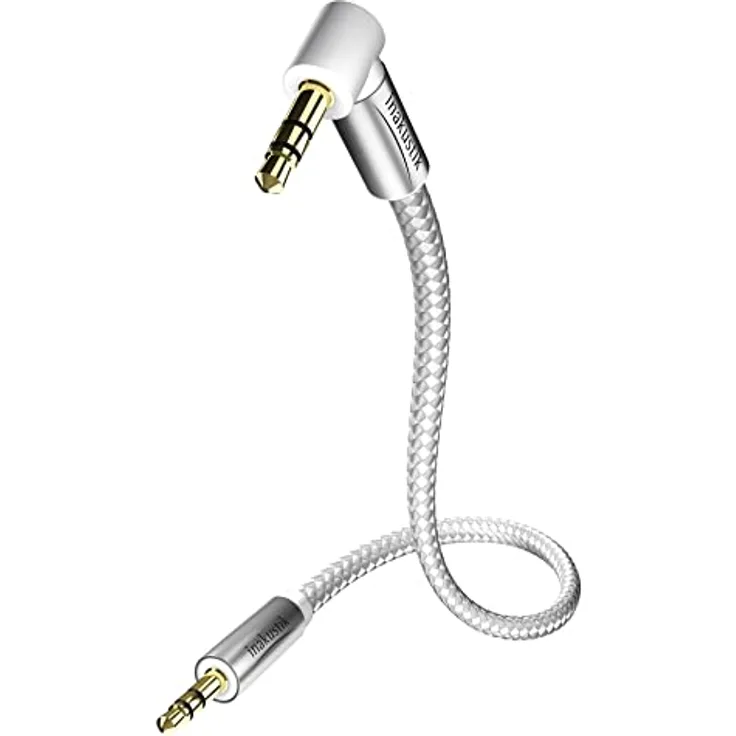 inakustik – 004104015 – Premium 3,5mm Klinkenkabel mit 90° Stecker | Für den Anschluss vom Smartphones, Tablets oder PC an HiFi-Verstärker | 1,5m in Weiß/Silber | moderner Geflechtschirm