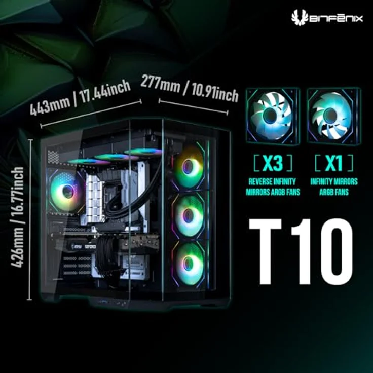 BitFenix T10 High Airflow Dual Chamber PC Gaming Case Black, ATX, mit 4x ARGB-Lüftern, 360mm AIO/GPU Unterstützung, kompatibel mit Reverse Connection Motherboards – Bild 2