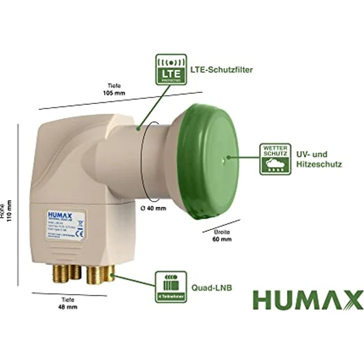 HUMAX Green Power Quad-LNB, 4 Teilnehmer, Satelliten universal LNB, Stromsparend, 4-Fach, LTE-Filter, Wetterschutzgehäuse, vergoldete F-Buchsen, für digitales Fernsehen in HD, Full HD und 4K UHD – Bild 4