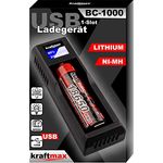 kraftmax BC-1000 USB-C Akku Ladegerät, Schnell Ladegerät für Li-Ion, Ni-MH & Ni-CD, mit intelligenter LED-Anzeige und automatischer Akku-Erkennung, kompatibel mit AA/AAA/C/18650/26650/14500/16340/21700 von verschiedenen Herstellern