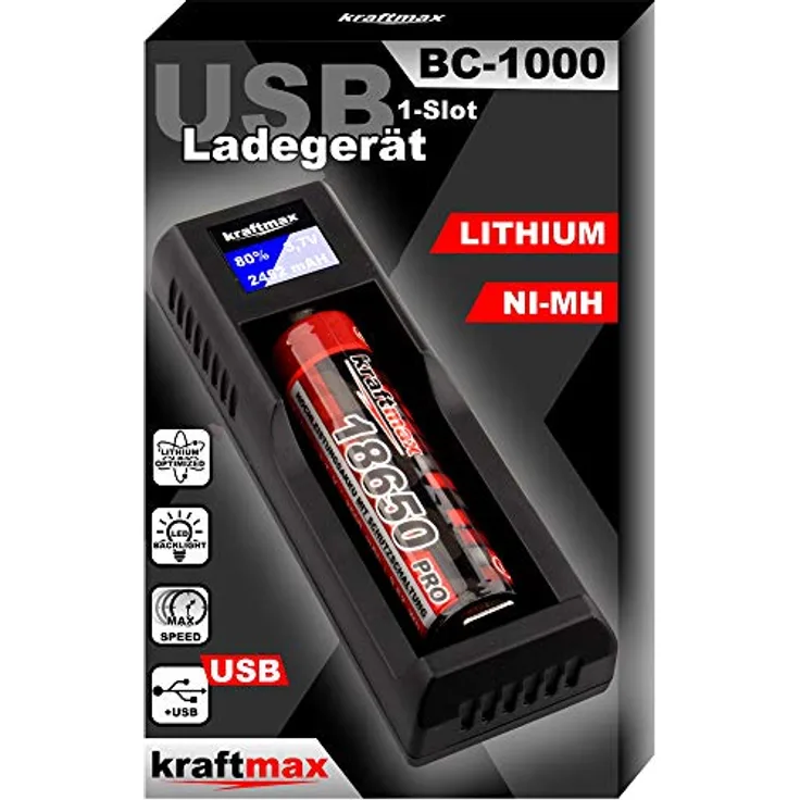 kraftmax BC-1000 USB-C Akku Ladegerät, Schnell Ladegerät für Li-Ion, Ni-MH & Ni-CD, mit intelligenter LED-Anzeige und automatischer Akku-Erkennung, kompatibel mit AA/AAA/C/18650/26650/14500/16340/21700 von verschiedenen Herstellern