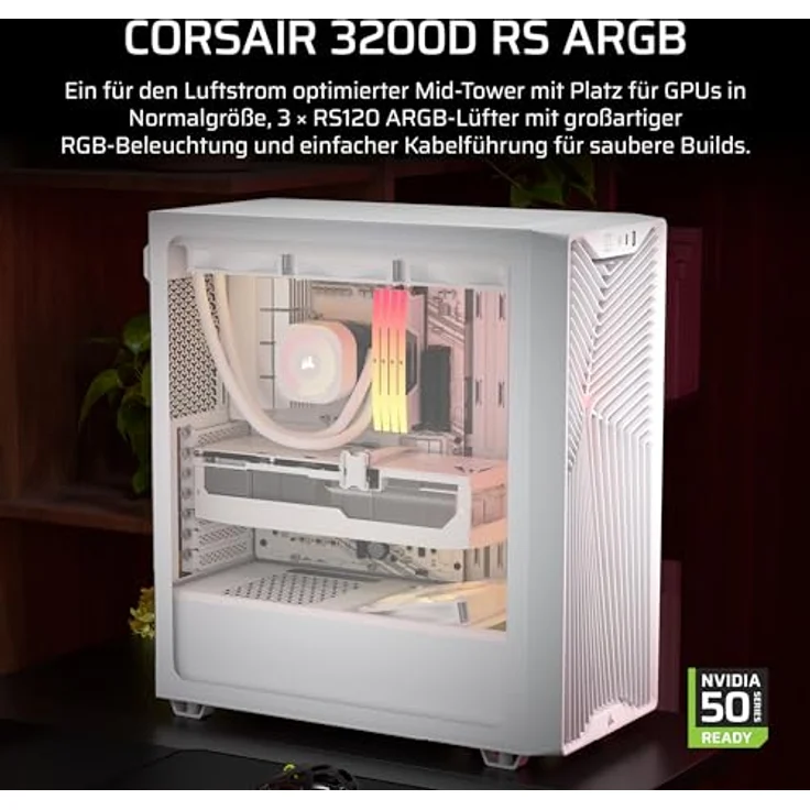 CORSAIR 3200D RS ARGB Mid-Tower ATX PC-Gehäuse, 3x RS120 ARGB PWM-Lüfter, GPU-Anti-Sag-Stabilisierungsarm, USB-Typ-C, Weiß – Bild 2