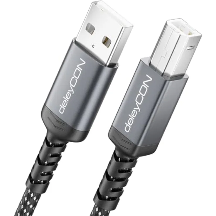 deleyCON Druckerkabel USB-B, 2 Meter geflochtenes USB-A auf USB-B Kabel mit Metallsteckern, 480 Mbit/s, kompatibel mit HP, Samsung, Epson, Dell, Lexmark, Brother und Canon