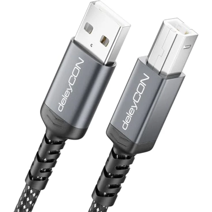 deleyCON Druckerkabel USB-B, 2 Meter geflochtenes USB-A auf USB-B Kabel mit Metallsteckern, 480 Mbit/s, kompatibel mit HP, Samsung, Epson, Dell, Lexmark, Brother und Canon – Bild 1