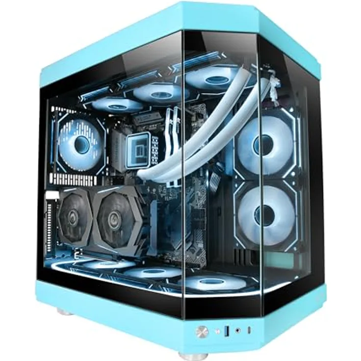 MARSGAMING MC-3T, Custom ATX-Gaming-Gehäuse mit Triple Window Hartglas, Flüssigkeitskühlung, Dual Side Kamera, Vertikale PCI Slots, USB-C und USB 3.0, Blau