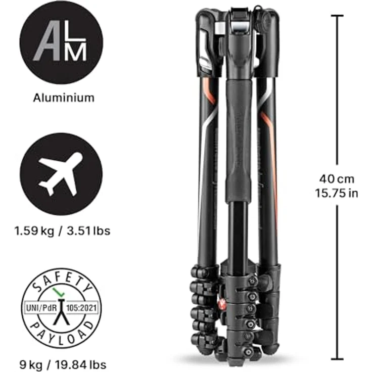 Manfrotto MKBFRLA-BH Befree Advanced Alpha Reisestativ QPL (Klemmverschluss), inkl. Kugelkopf und Tasche, speziell für Sony Kameras, Aluminium (Traglast: 8kg, Packmaß: 40cm, Gewicht: 1,59kg) – Bild 3
