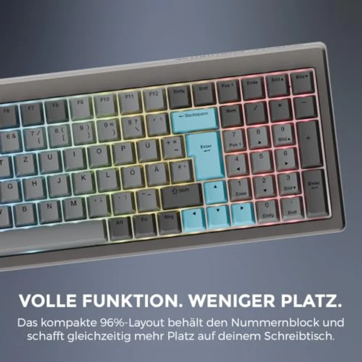 Ducky Cushion 98 Gaming-Tastatur, 96%, DE-Layout (ISO), Shush Green Switches, RGB, 2,4 GHz/Bluetooth, Nickel – Bild 2