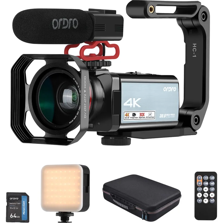 ORDRO HDR-AX10 4K Digitale Videokamera, WiFi Camcorder mit 30MP, 30x Digitalzoom, IR-Nachtsicht und 3,5 Zoll IPS Touch Panel, inklusive Fernbedienung, Akku, Ladegerät, 0,39X Weitwinkelobjektiv und externem Mikrofon