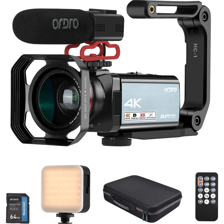 ORDRO HDR-AX10 4K Digitale Videokamera, WiFi Camcorder mit 30MP, 30x Digitalzoom, IR-Nachtsicht und 3,5 Zoll IPS Touch Panel, inklusive Fernbedienung, Akku, Ladegerät, 0,39X Weitwinkelobjektiv und externem Mikrofon
