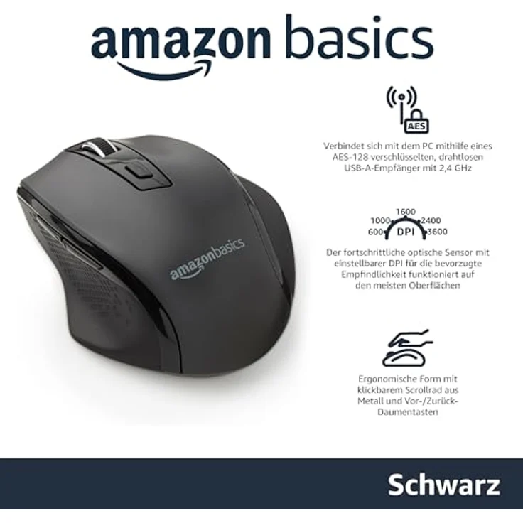 AmazonBasics - Ergonomische kabellose Maus - DPI einstellbar - Schwarz – Bild 2