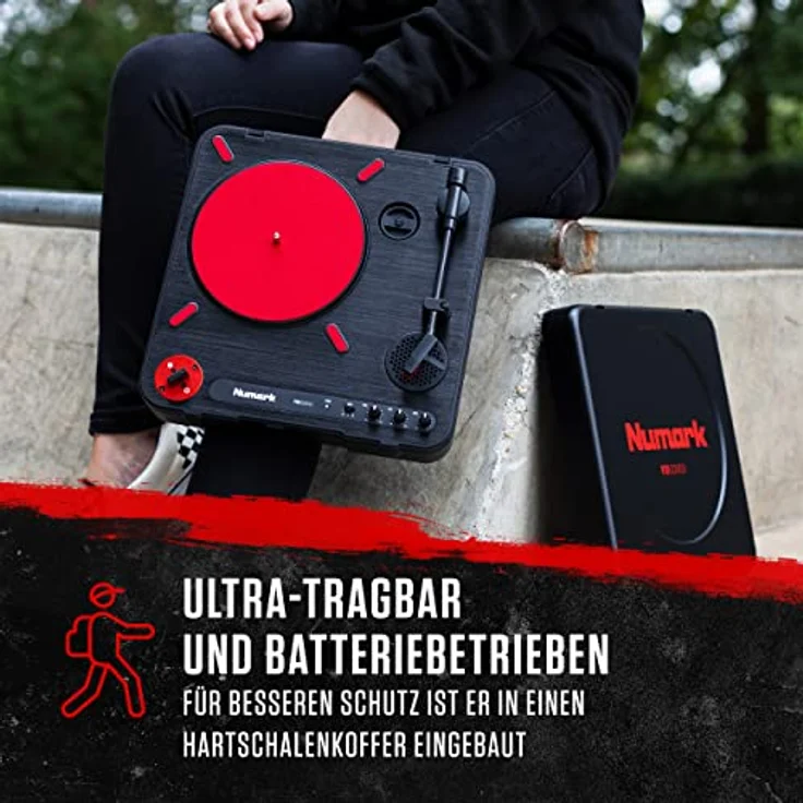 Numark PT01 Scratch - tragbarer DJ-Plattenspieler mit auswechselbarem Scratch-Switch, eingebautem Lautsprecher, Stromversorgung über Batterie - Netzteil, 3 Geschwindigkeiten und USB-Verbindung – Bild 8