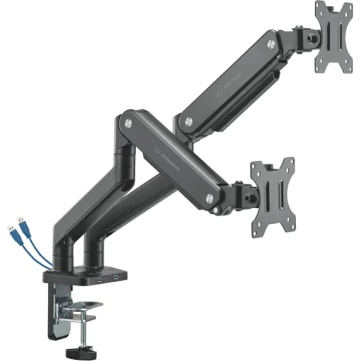 ULTRADESK Branch Doppelter Monitorständer für Schreibtische - Gaslift, 360°-Schwenkarm, USB-Eingänge, 32-Zoll-Monitore - Schwarz