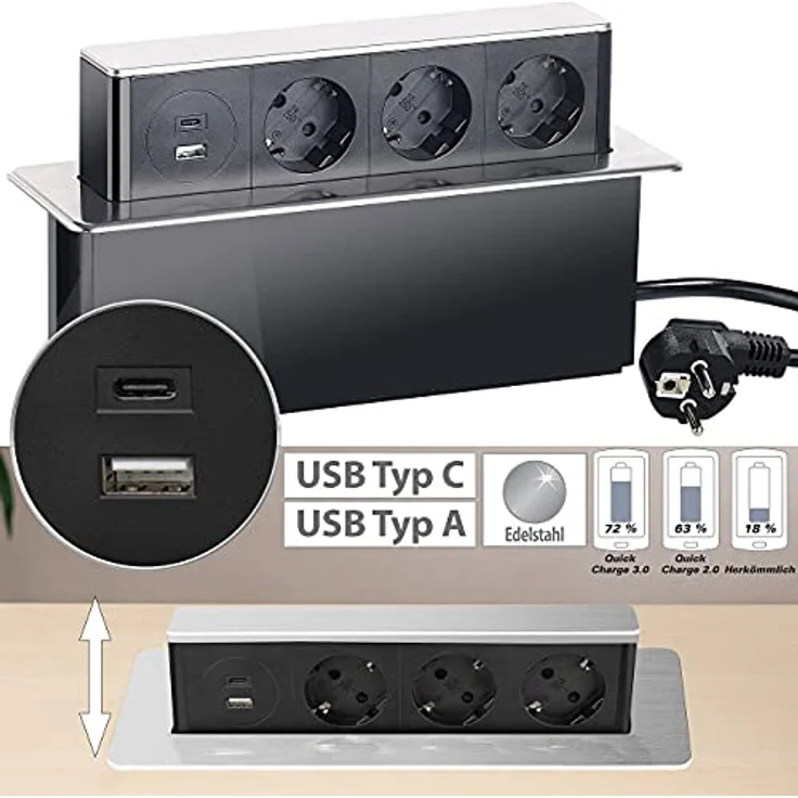 revolt Versenkbare Steckdose: Versenkbare 3-fach Einbau-Tischsteckdose, USB-C, PD & QC 3.0, silber (Versenkbare Steckdose mit USB, USB Hub Tisch, iPhone Ladestation) – Bild 3