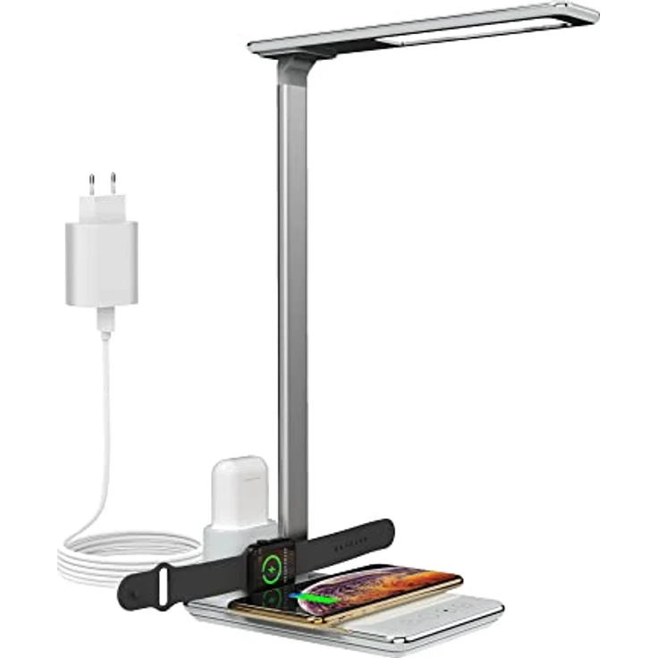 RealPower ChargeAIR All Light Schreibtischlampe mit QI Ladefunktion 10W Wireless, 5W dimmbar LED Tischleuchte 4 Farbtemperaturen, Faltbare Tischlampe, lädt Apple Watch, AirPod Charger inkl. Netzteil – Bild 1