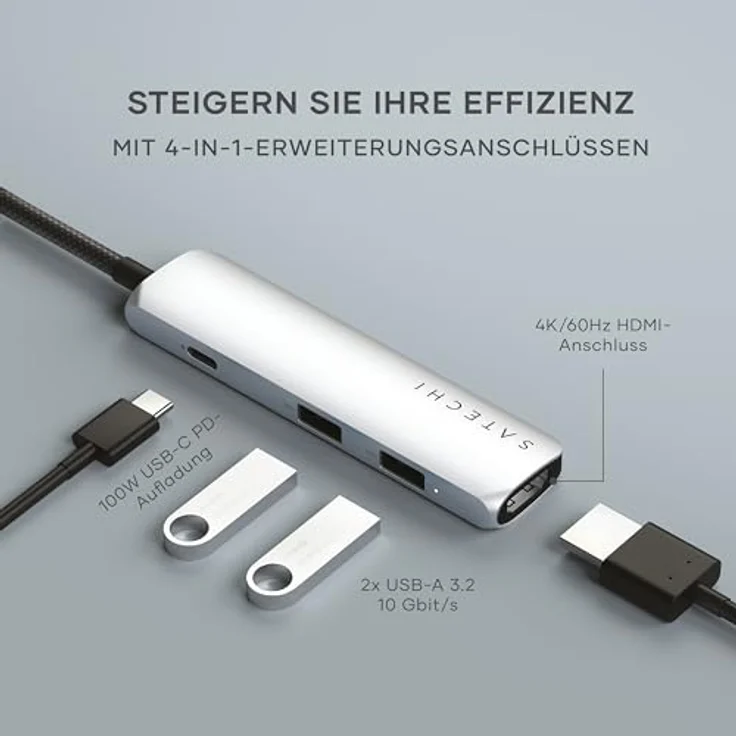 SATECHI 4-in-1 USB-C Hub Slim Plus, Multiport-Adapter mit 4K HDMI, 100W Power Delivery, 2x USB-A Ports – Silber – Bild 2