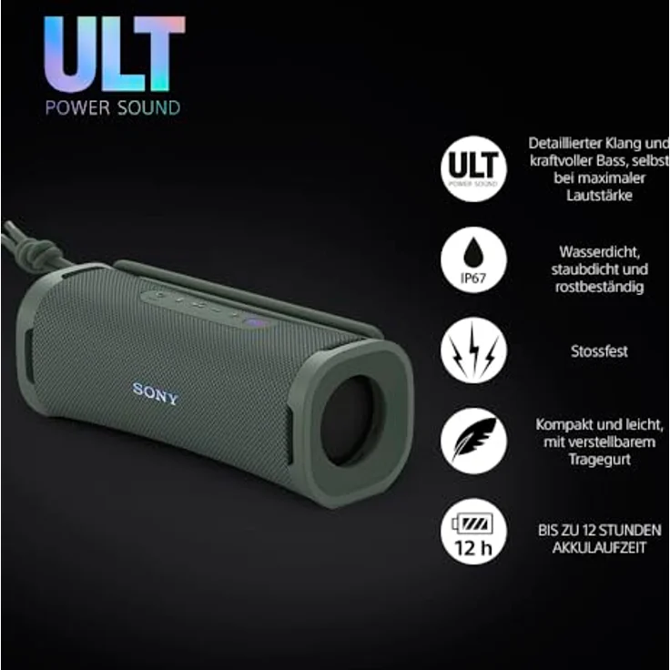 Sony ULT Field 1 - Kabelloser tragbarer Bluetooth-Lautsprecher mit ULT Power Sound, kraftvollem Bass, IP67, wasserdicht, staubdicht, stoßfest, 12h Akku, klare Gesprächsqualität, Outdoor - Forest-Gray – Bild 2